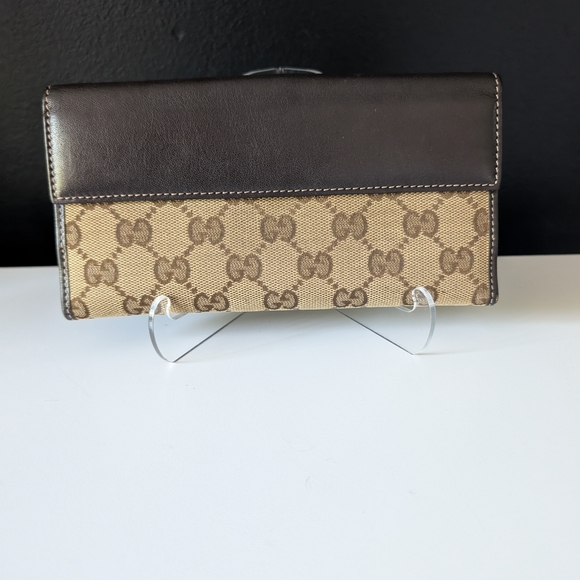 Gucci GG Vintage Brown Monogram Long Wallet with Gold Heart Snap - Picture 3 of 12